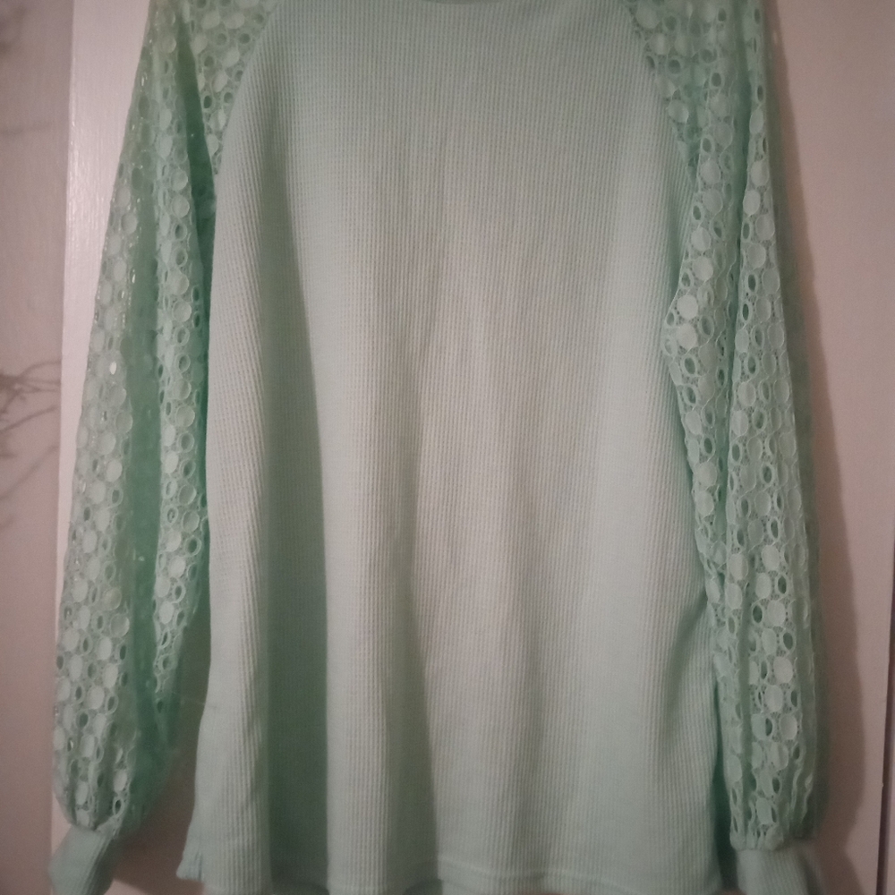 New Without Tag Miholl Mint Green Lace Sleeve Sweatshirt SizeL - Picture 1 of 8